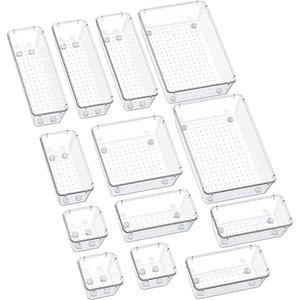 Ensemble de 13 organiseurs de tiroirs de bureau en plastique transparent, 5 tailles, organiseurs de tiroirs polyvalents pour salle de bain et coiffeuse, rangement pour le maquillage - Product Image 1