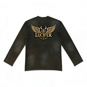 Camiseta gótica de manga larga <span class=keywords><strong>Lucifer</strong></span> - Alas de ángel, cuernos de <span class=keywords><strong>diablo</strong></span>, estilo oscuro dorado, ropa de calle gótica - Product Image 1