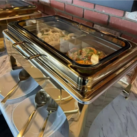 Plat à chafing rectangulaire de luxe 9L en acier inoxydable doré, chauffe-plat de buffet de haute qualité, alimenté à l'alcool, pour la restauration hôtelière