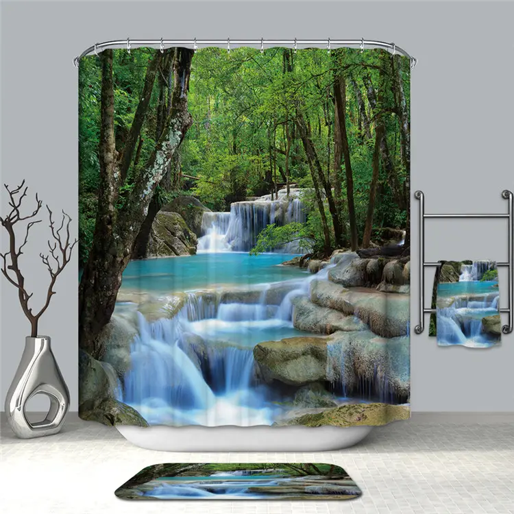 Waterproof Polyester Fabric-72"Wx72"L-with Hooks Nature Misty Forest Shower Curtains