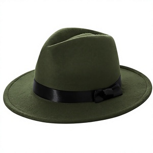 Olive Green Wool Fedora Hat with Black Ribbon Band Wide Brim Unisex Classic Style for Casual Wear Four Seasons - Product Image 1