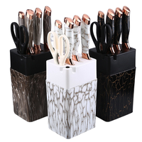 Ensemble de couteaux de chef de cuisine 7 pièces en acier inoxydable avec placage enduit de poignée en marbre et bloc en plastique pour la coupe