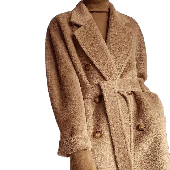 Hot sale top quality luxury ladies winter coats belted long alpaca wool coat women