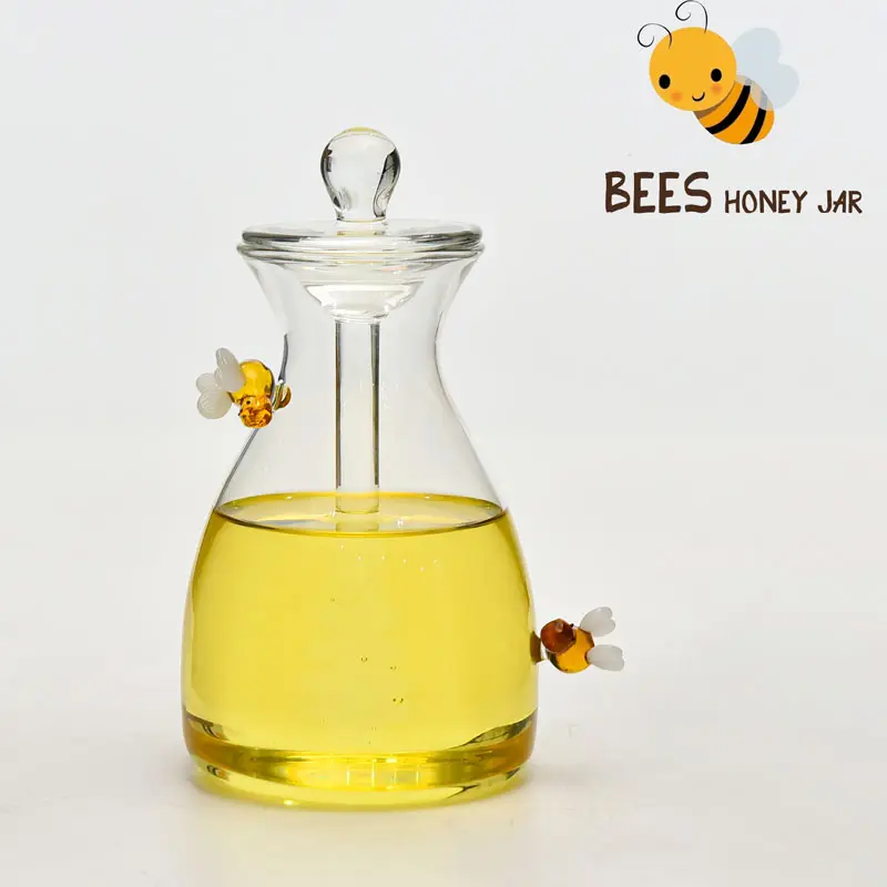 Grosir rumah dapur desain mewah borosilikat kaca lebah madu stoples Jam dengan Dipper dan tutup