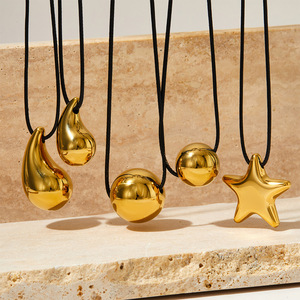 Waterproof 18k Gold Jewelry Black <strong>Cord</strong> Slider Clasp Gold Smooth Circle Heart Star Water <strong>Drop</strong> <strong>Pendant</strong> Necklace - Product Image 3