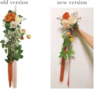 Dekorasi Kursi Pernikahan Set 8, Bunga Lorong Buatan Krim Putih Pedesaan dengan Pita Sifon untuk Dekorasi Pernikahan