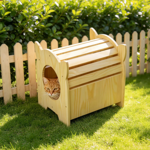 Nichoir pour chat en bois massif respirant à lattes creuses, avec entrée, lit de repos privé, robuste, pour intérieur, toutes saisons - Product Image 6