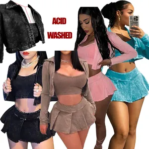 Acid Washed Ribbed 3 Piece Set Crop TOP + Skirts With Underwear Jacket Tennis Pleated Skirts Set For Women 2 Pieces Outfits