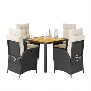 Juego de Comedor de Jardín Color Blanco Crema y Negro, 4 Plazas, Mesa de Ratán y Madera de Teca, Muebles de Exterior Resistentes a la Intemperie, Diseño Contemporáneo - Product Image 1