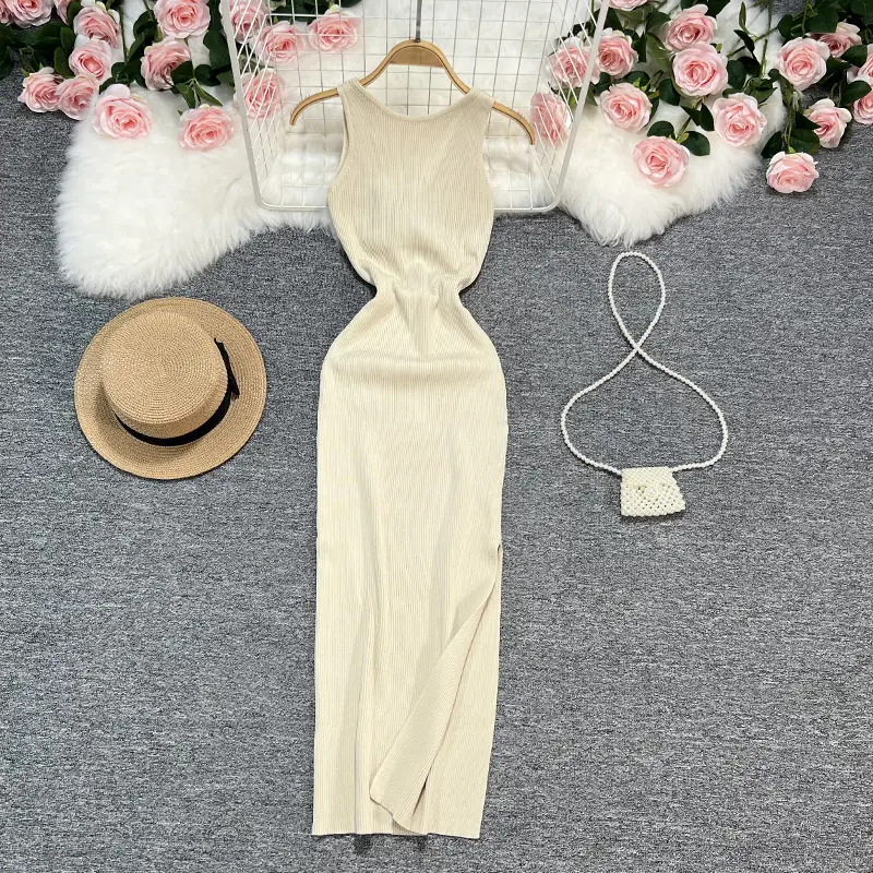 OEM фабрика на заказ весенне-летнее женское облегающее длинное вязаное платье-свитер без рукавов