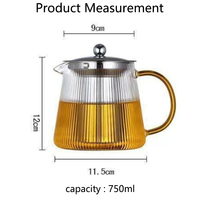 Chaleira de Vidro Borossilicato com Design Listrado de 750ml, Alça Dourada e Tampa Transparente para Preparar e Servir Chá