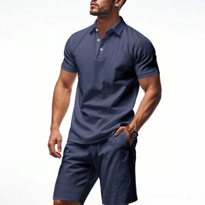 Soldes d'été : Ensemble décontracté en lin pour <span class=keywords><strong>homme</strong></span> - Chemise à manches courtes et short à taille élastique longueur genou, respirant et confortable - Product Image 4
