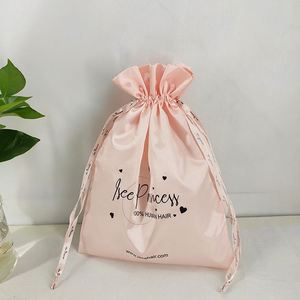 High Quality Pink Custom Logo <b>Drawstring</b> Ribbon Beauty Hair <b>Pouch</b> Gift Silk Satin Wig Bag - Product Image 2