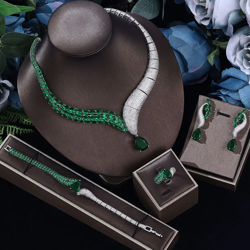 High end luxury Dark Green CZ zircon gold plated snake Earring Necklace Set Saudi Arabia female Bride Wedding Jewelry Set