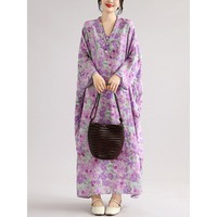 Robe longue d'été 2026 en coton et lin à motif floral violet, élégante, col en V, coupe oversize, style féerique, chic, pour femme, grandes tailles, vente en gros