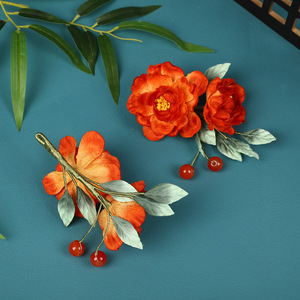 Diseño original, hecho a mano, estilo antiguo, pasador de pelo suave con flor de terciopelo sintético naranja degradado, accesorio de maquillaje, Hanfu - Product Image 3