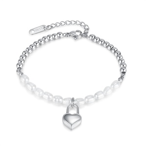 18k Gold Plated <b>Bead</b> Chain <b>Bracelet</b> Heart Lock Shaped Pendant Pearl <b>Bracelet</b> for Women - Product Image 2