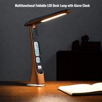 Lampe de bureau LED à effet bois avec horloge LCD, calendrier, température, pliable, rechargeable, à intensité variable, pour la protection des yeux, lampe de chevet