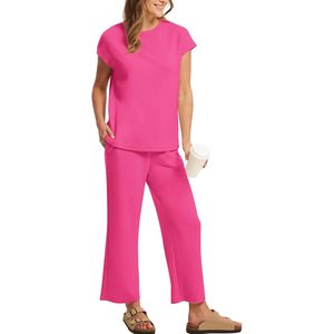 Ensemble deux pièces d'été pour femme FOXA : haut à manches courtes et pantalon large court, tenue décontractée pour la plage et les vacances, respirant et tricoté - Product Image 4