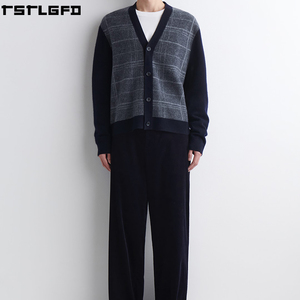 Cut And Sew Checked Wool V Neck <b>Cardigan</b> Men Charcoal Windowpane <b>Navy</b> Trim Streetwear Men'S Sweaters Manufacturers Bulk - Product Image 3