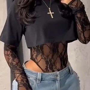 Combinaison en dentelle pour femme avec haut de t-shirt à col rond, ensemble 2 pièces tendance - Product Image 2