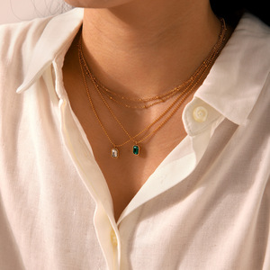 Dainty 18K Gold Plated PVD Waterproof Zircon Metal <strong>Beads</strong> Chain Stainless Steel <strong>Emerald</strong> Necklace Jewelry - Product Image 1