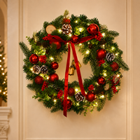 Guirlande de Noël artificielle pré-éclairée de 40 cm avec lumières LED, nœud en velours rouge, boules, pommes de pin et baies, décoration murale pour porte d'entrée et maison de fêtes