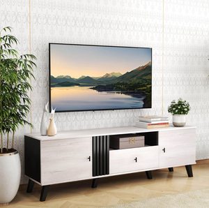 Meuble TV moderne du milieu du siècle pour téléviseurs de 80 pouces avec <span class=keywords><strong>étagère</strong></span> ouverte, 2 armoires latérales, <span class=keywords><strong>console</strong></span> multimédia, centre de divertissement - Product Image 1