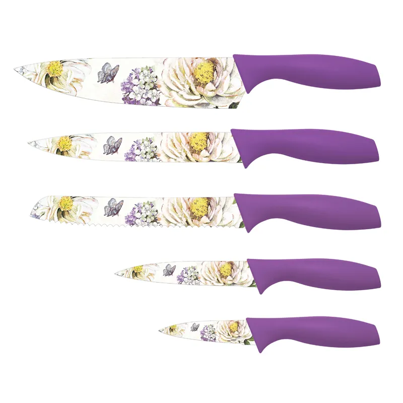 5 adet yeni tasarım çiçek baskı çevre dostu PP kolu renkli yapışmaz kaplama mutfak bıçağı seti