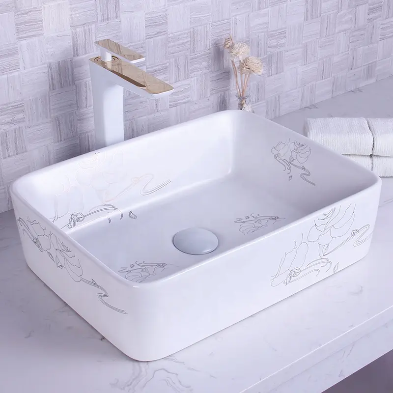 Lavabo de cerámica para baño, lavamanos de color plateado