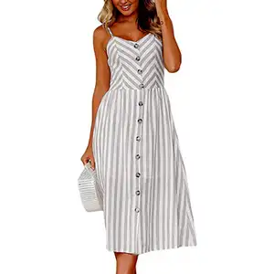 Moda última mujer verano bohemio Spaghetti Strap Maxi vestido fiesta playa grado girasol botón Floral Casual vestido