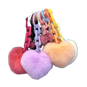 Porte-clés en fourrure de lapin Rex en forme de coeur, porte-clés pompon de 10cm, boule de bouffée en vrac, mini porte-clés en fourrure