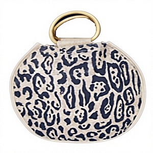 <b>Leopard</b> <b>Print</b> Round Jute Tote Bag with Embroidery Cotton Lining Open Closure and Gold Top Handle - Product Image 1