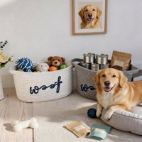 Panier à jouets pour chien en corde de coton écologique, broderie personnalisée « Woof », bac de rangement pour animaux de compagnie, tissé à la main, petit organisateur de jouets pour chien avec poignées