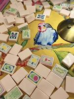 Ensemble de mahjong américain moderne automatique de luxe en acrylique blanc ivoire avec des tuiles gravées de motifs floraux et animaliers colorés