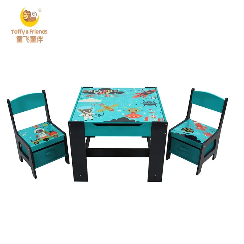 子供用テーブル＆チェアセット 木製収納ボックス付き 3-8歳向け