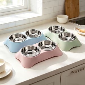 Stainless Steel Double Bowl <b>Cat</b> <b>Feeder</b> Anti Tipping Pet Food Water Dish Medium Size 28x16x5cm - Product Image 1