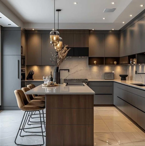 Meubles d'îlot de cuisine noir mat, design de cuisine moderne minimaliste, étagères ouvertes, sièges de bar, amplement de rangements - Product Image 2