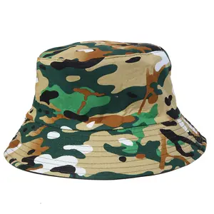 Moda güneş koruma balıkçı kamuflaj kova Polyester daire ağız kamp açık Unisex toptan Camo kova şapka