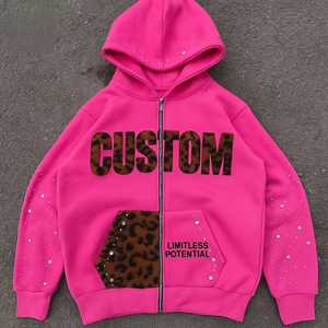 Custom 500gsm Gem Rhinestones <b>Hoodie</b> With <b>Leopard</b> <b>Print</b> Fur Embroidery Patch Screen <b>Print</b> Streetwear Zip Up Hoodies - Product Image 1