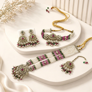 Premium Long Flower Design Choker Kundan <b>Pearl</b> Necklace <b>Set</b> Antique Gold Plated Polki Wedding Haar Earrings Indian <b>Jewelry</b> - Product Image 1