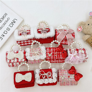 儿童公主包红色小方化妆包女孩链条肩斜挎吊带包珍珠钱包女孩新年礼物 - Product Image 2