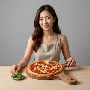 Planche à découper ronde en bois avec poignée pour servir la pizza et l'utilisation en cuisine - Product Image 1