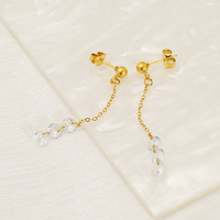 Boucles d'oreilles pendantes à chaîne de perles transparentes en acier inoxydable 304 plaqué or 18 carats par placage sous vide, longueur 48 mm, bijoux minimalistes pour femmes