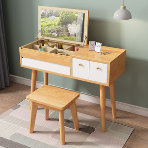 Nordic Solid Wood Dressing <b>Table</b> With Mirror Storage Bedroom Vanity Desk For Makeup And Storage <b>Pine</b> Wood Natural Color - Product Image 2