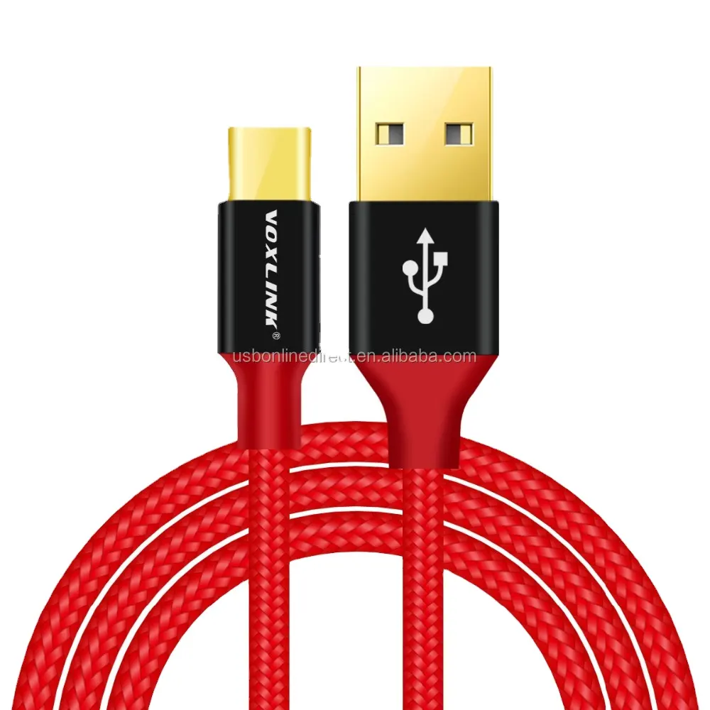 VOXLINK-cable USB tipo c chapado en oro de alta calidad, cargadores rápidos, cable de carga de datos para teléfono inteligente, color rojo, 1m/1,8 m/3m