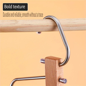 Porte-pantalon en bois massif et acier inoxydable, organisateur de vêtements pliable multi-niveaux, design minimaliste avec crochets - Product Image 5