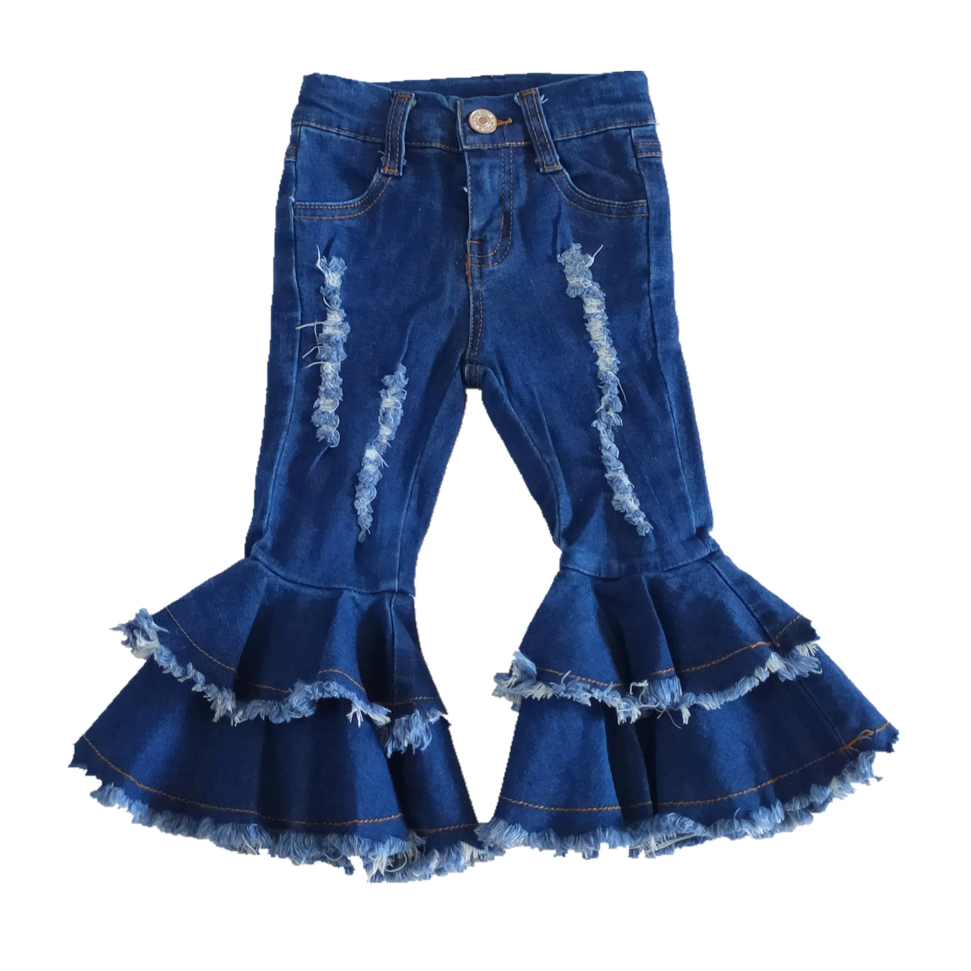 Baby Meisjes Dubbele Flared Donkerblauw Broek Peuters Lange Jeans Bell Bottom Broek Fashion Design Boutique Groothandel