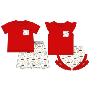 Shorts décontractés pour bébé avec imprimé voilier du 4 juillet, tenues assorties pour frères et sœurs, nouveaux designs USA, vêtements en coton et élasthanne, vente en gros - Product Image 1
