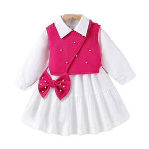 Conjunto de 3 Piezas de Satén Floral para Niñas, Verano, Mini, Chaleco con Cuentas Rosas + Vestido Camisero Blanco + Bolso con Lazo - Product Image 1